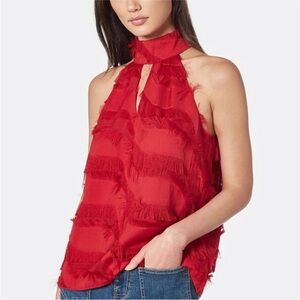 NWT Joie Eleora Fringe Cutout Blouse in Pomegranate Red, size S